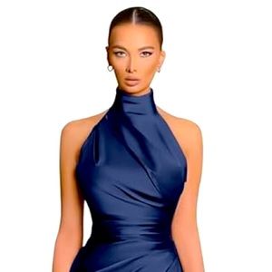 Satin halter navy dress with high leg slit